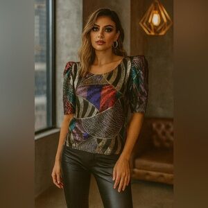 Vintage A.C. Sport Lightweight Metallic Semi Sheer puff Sleeve Crop top S